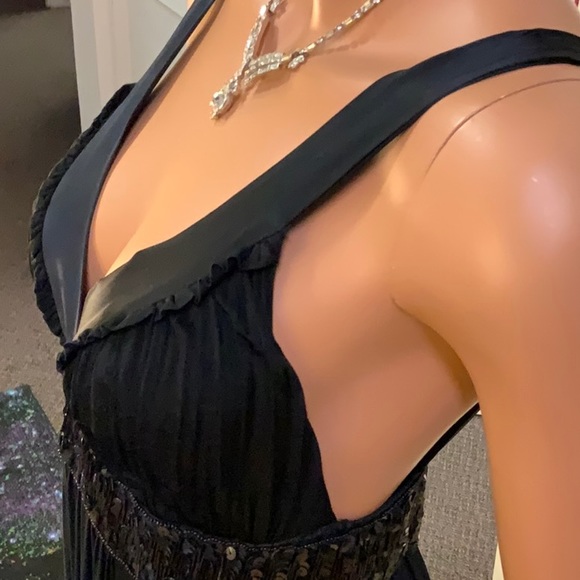 VINTAGE BLACK SEQUIN PLEATED DRESS EMPIRE WAIST SM - Picture 8 of 11